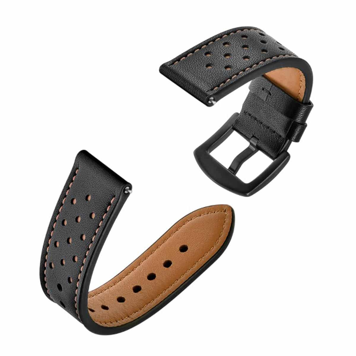 Schwarze Uhrenarmbänder mit braunem Innenraum. Das Armband hat mehrere Löcher zur Anpassung. Metallverschluss.
