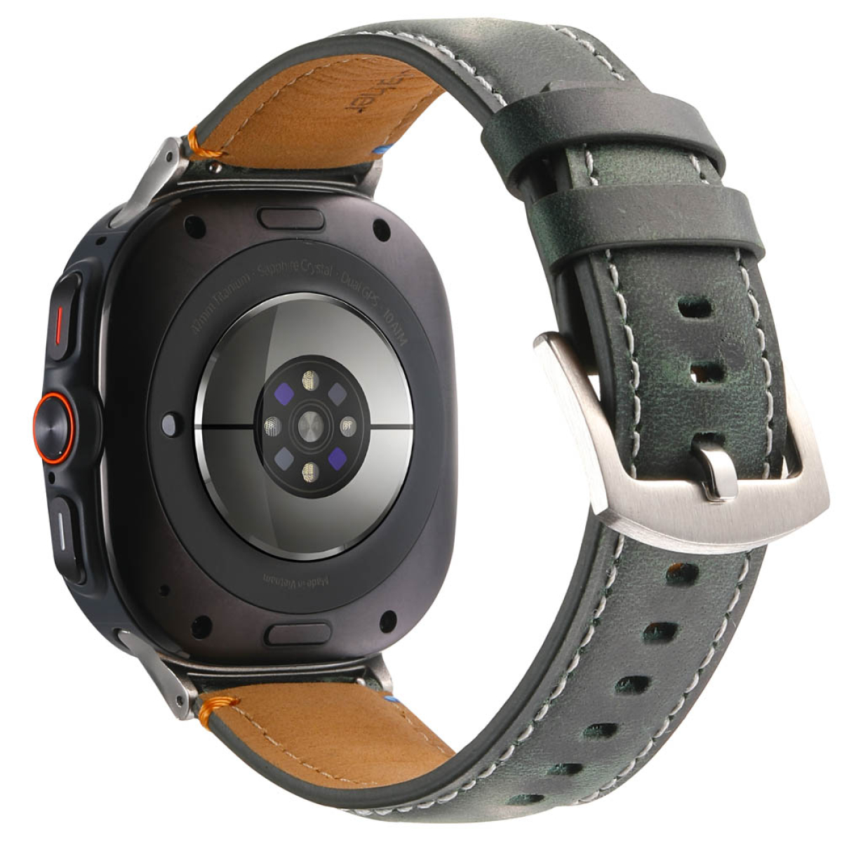 Eine schwarz-silberne Smartwatch mit grünem Lederarmband, Rückseite und Armbanddetails zeigend.