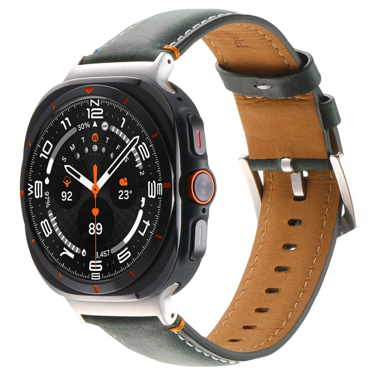 Eine Smartwatch mit dunklem Bildschirm und Lederarmband.