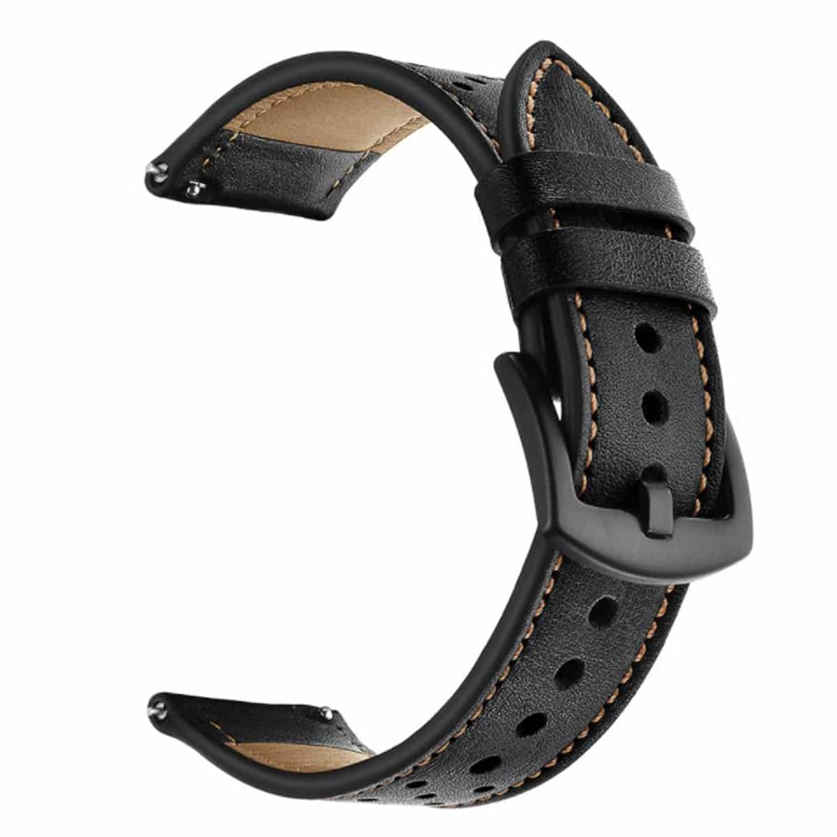 Schwarzes Leder-Uhrenarmband mit schwarzer Schnalle und Nähten.