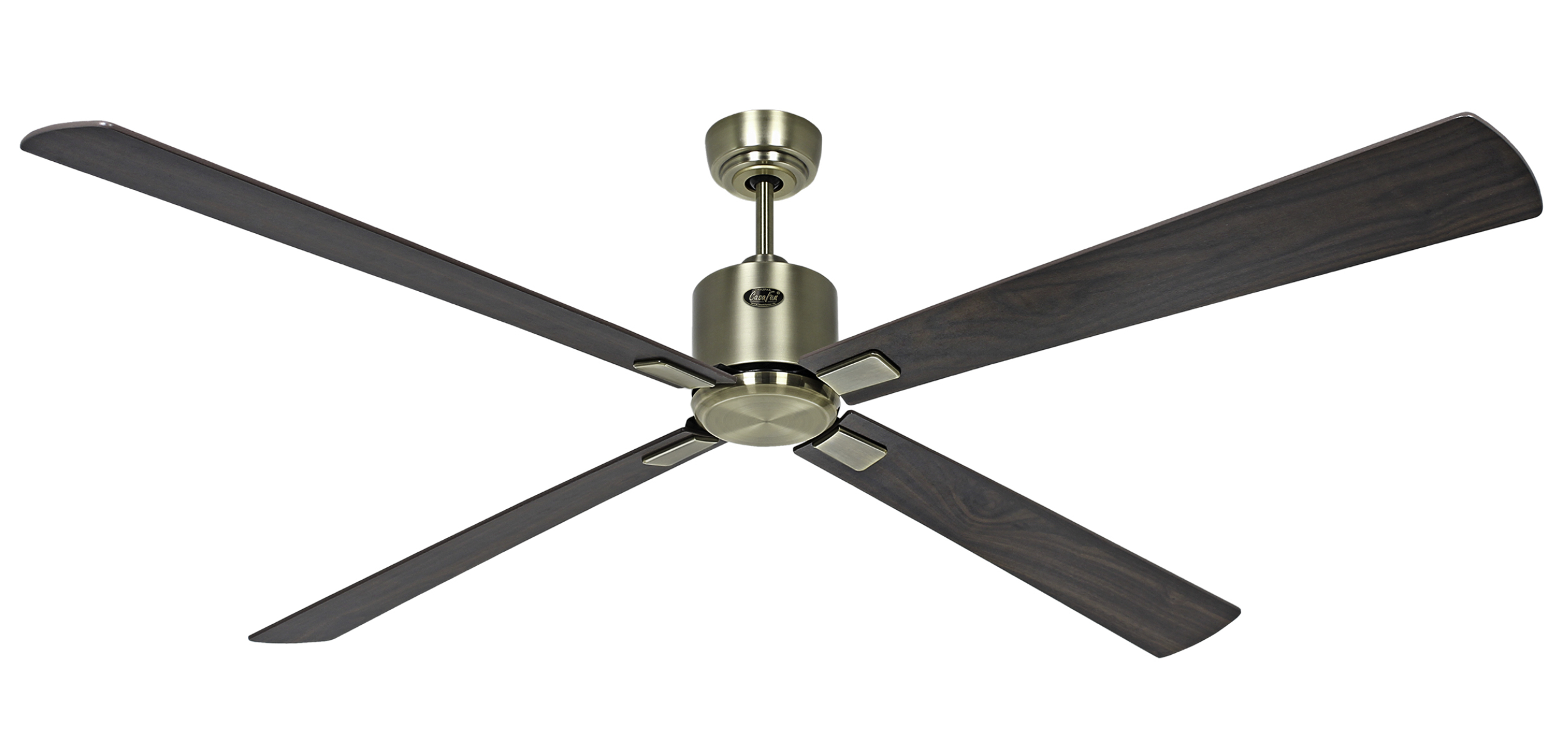 Ein Deckenventilator mit vier dunklen Holzflügeln und einem goldfarbenen Motorgehäuse.