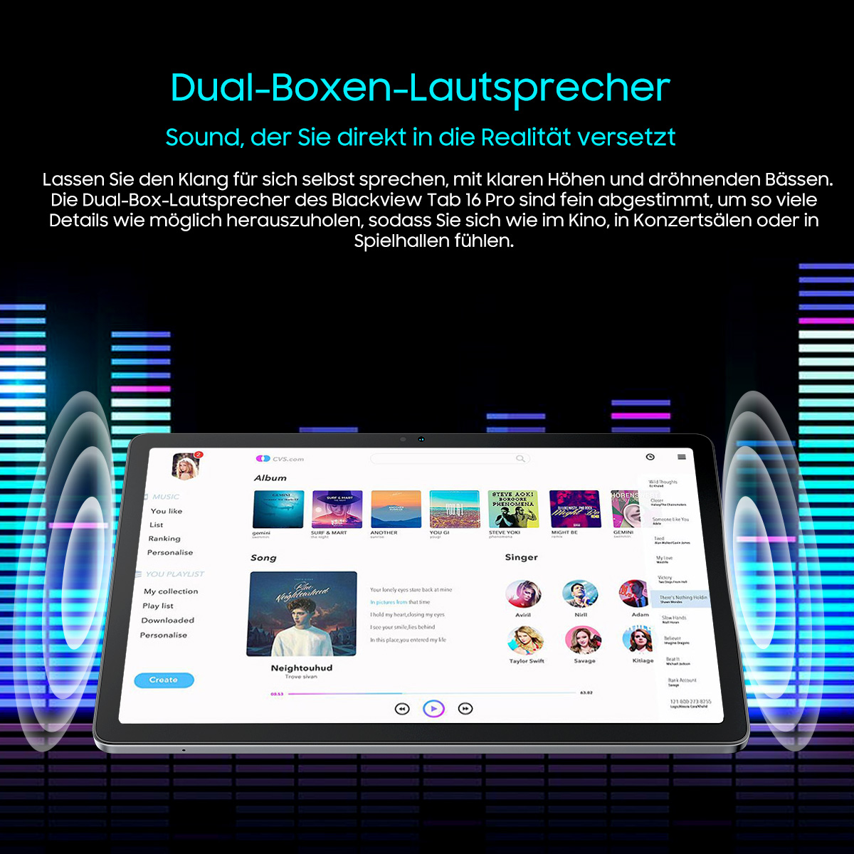 Blackview Tablet, Musik-App. Schallwellen kommen aus den Seiten. Text auf Deutsch oben. Oberfläche zeigt Albumcover und Songlisten.