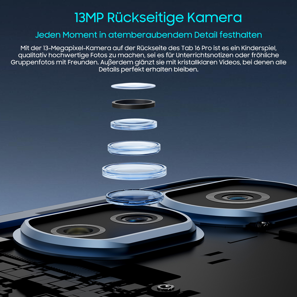 Das Bild zeigt Tablet-Kamerakomponenten. Linsen befinden sich über dem Kameramodul. Der Text beschreibt Kamerafunktionen und Fotoqualität.