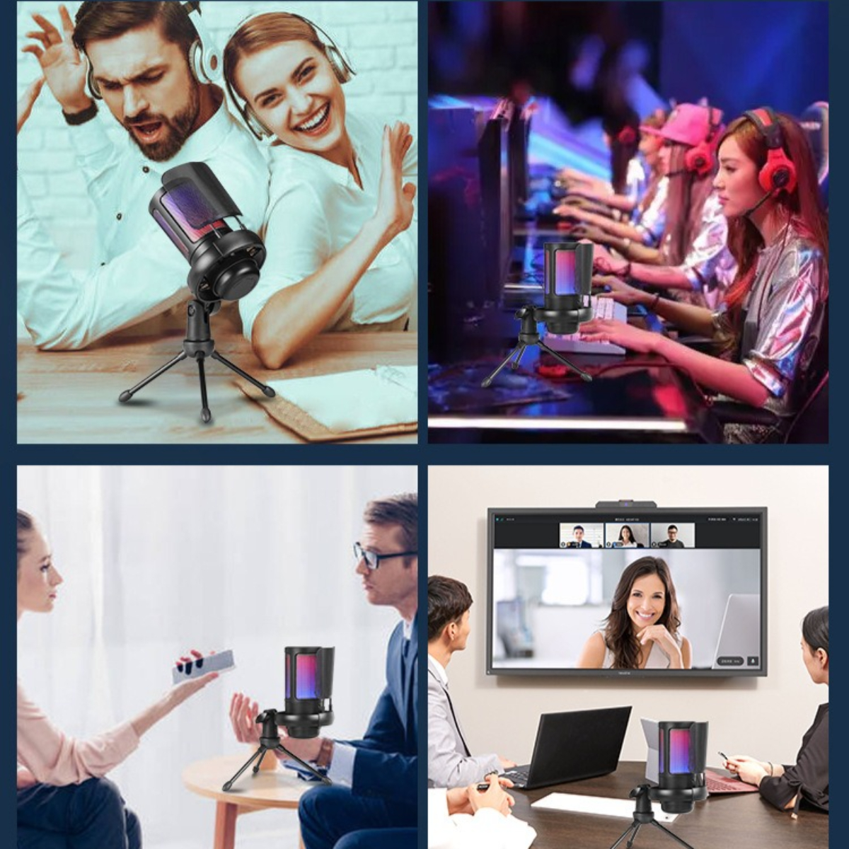 Vier Szenen: Menschen mit Mikros, Gaming, Streaming mit Mikrofon und Online-Meeting.