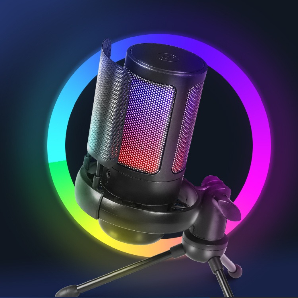 Schwarzes Mikrofon mit bunten Lichtern, auf einem Stativ. Regenbogenfarbener Lichtring.