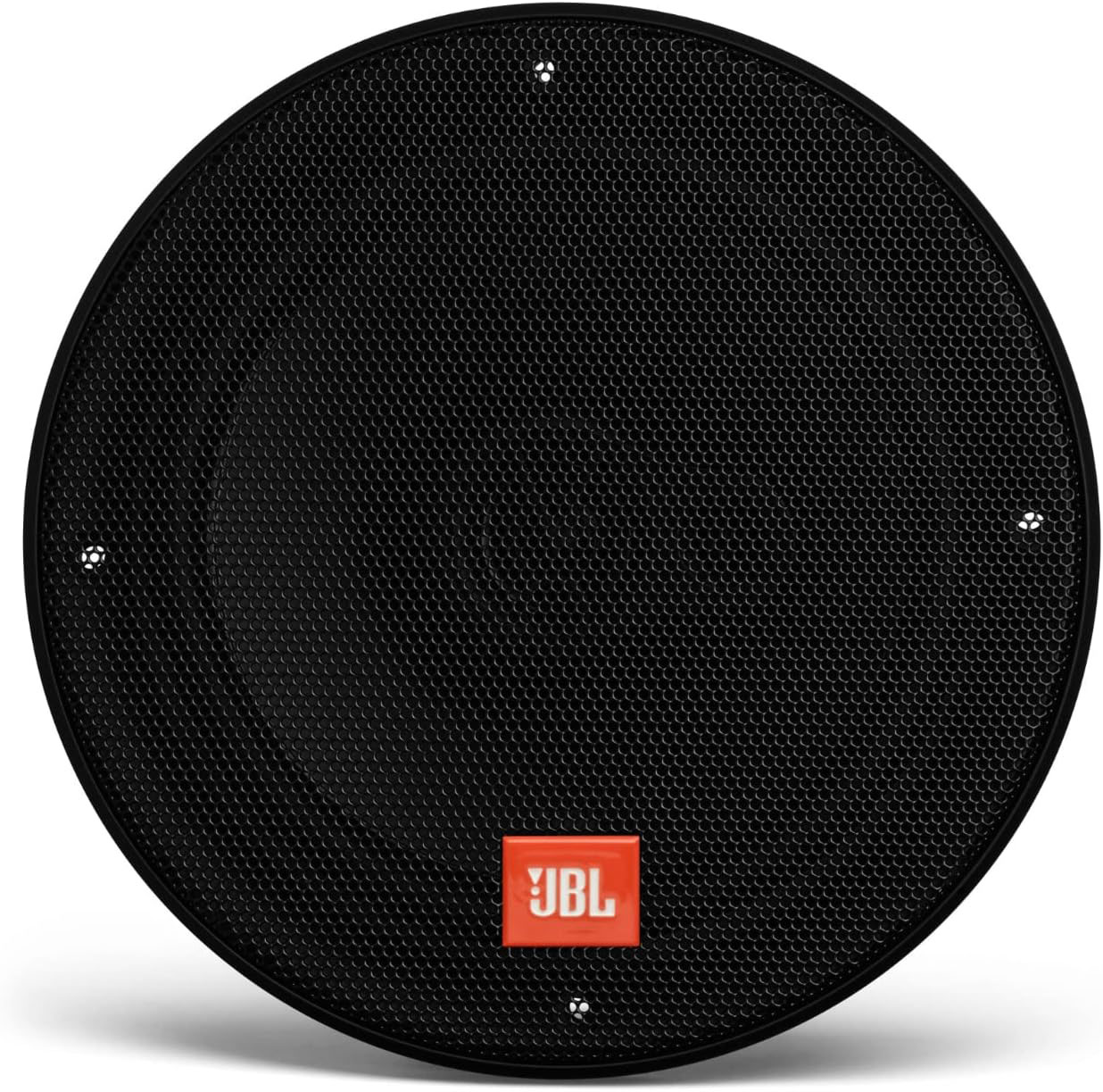Ein schwarzer runder Lautsprecher mit JBL-Logo in der Mitte, vor weißem Hintergrund.