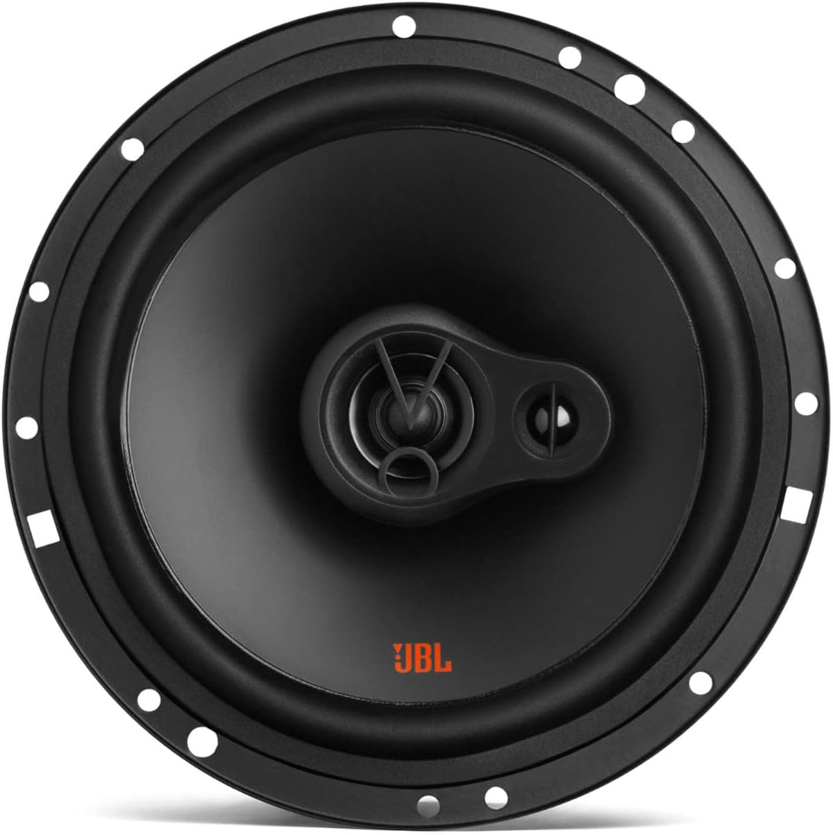Schwarzer Autolautsprecher mit JBL-Logo. Runde Form mit zentralem Konus.