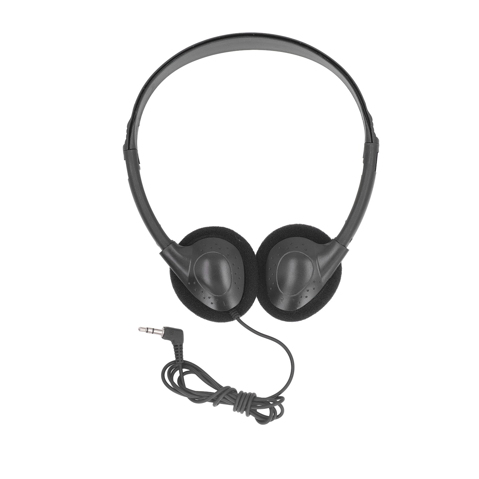 Schwarze Kopfhörer mit Kabel und 3,5-mm-Klinke. Die Ohrmuscheln sind rund und gepolstert.