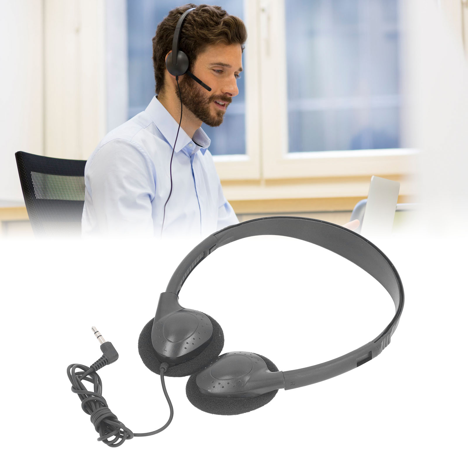 Mann mit Headset lächelnd, und Nahaufnahme eines Headsets mit Kabel.