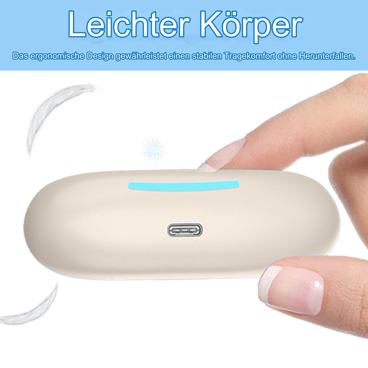Weißes Ohrhörer-Etui mit blauem Licht. Text auf Deutsch: 'Leichter Körper'.