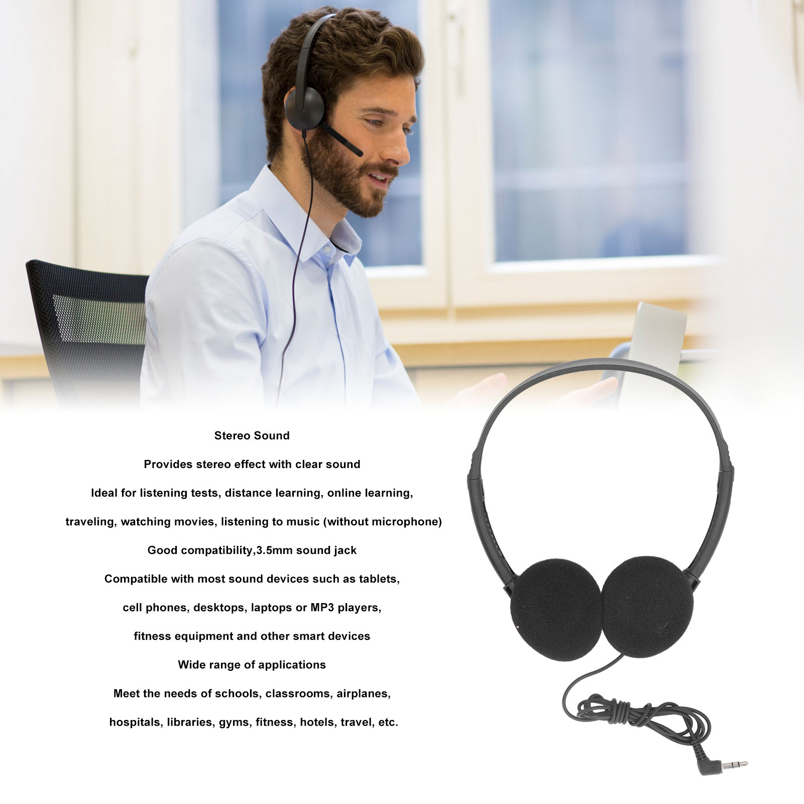 Ein Mann mit Kopfhörern und Mikrofon. Der Text beschreibt Stereo-Sound und Funktionen.