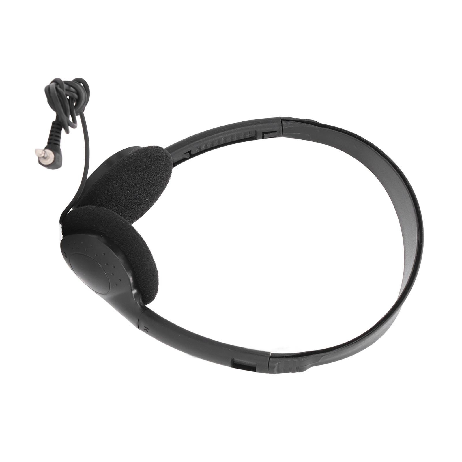 Schwarzer Kopfhörer mit Bügel und Ohrpolstern. Das Kabel hat einen Klinkenstecker am Ende.