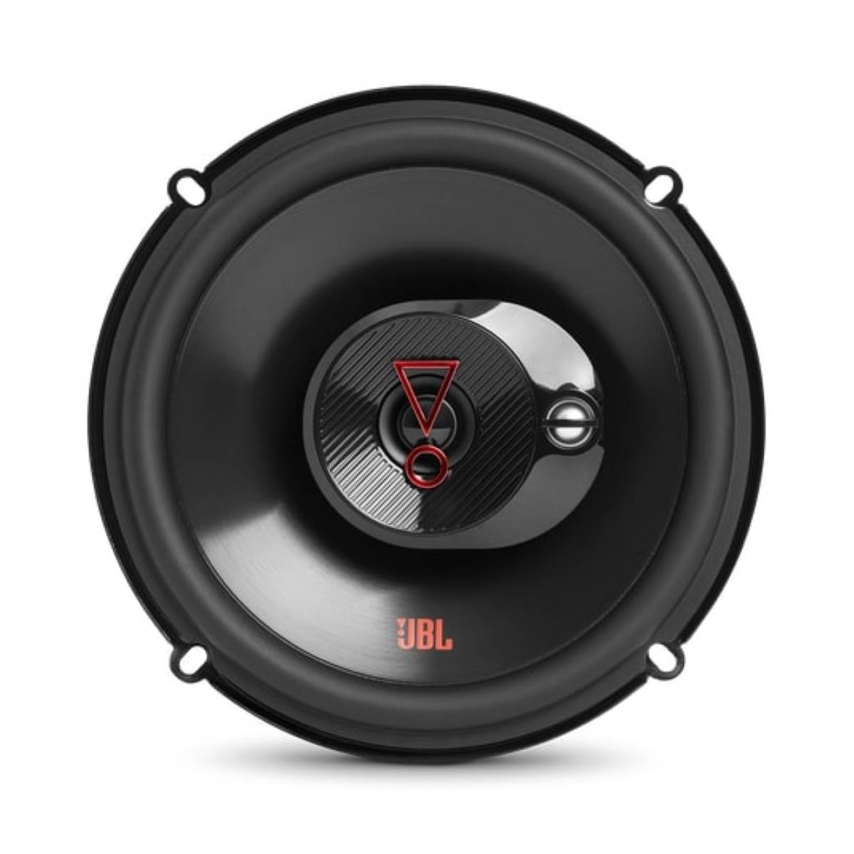 Un haut-parleur noir avec le logo JBL rouge. Le haut-parleur a un dôme central et des trous.