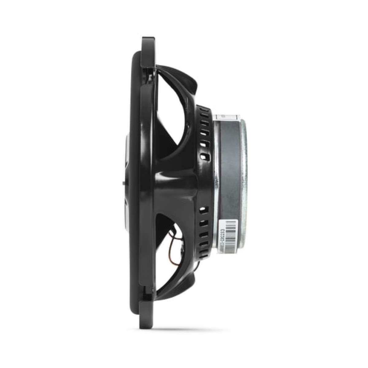 Un haut-parleur noir avec un haut-parleur circulaire et un cadre noir sur fond blanc.