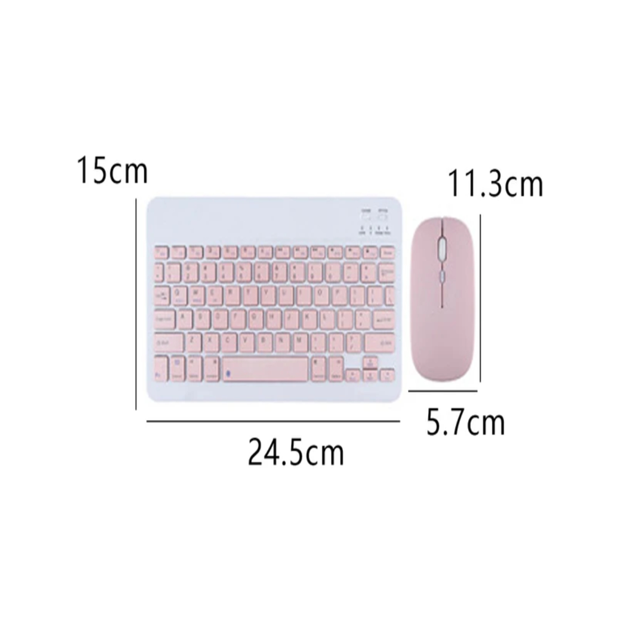 Eine pinke kabellose Tastatur und Maus. Abmessungen sind angegeben: Tastatur 24,5 cm x 15 cm. Maus 5,7 cm x 11,3 cm.