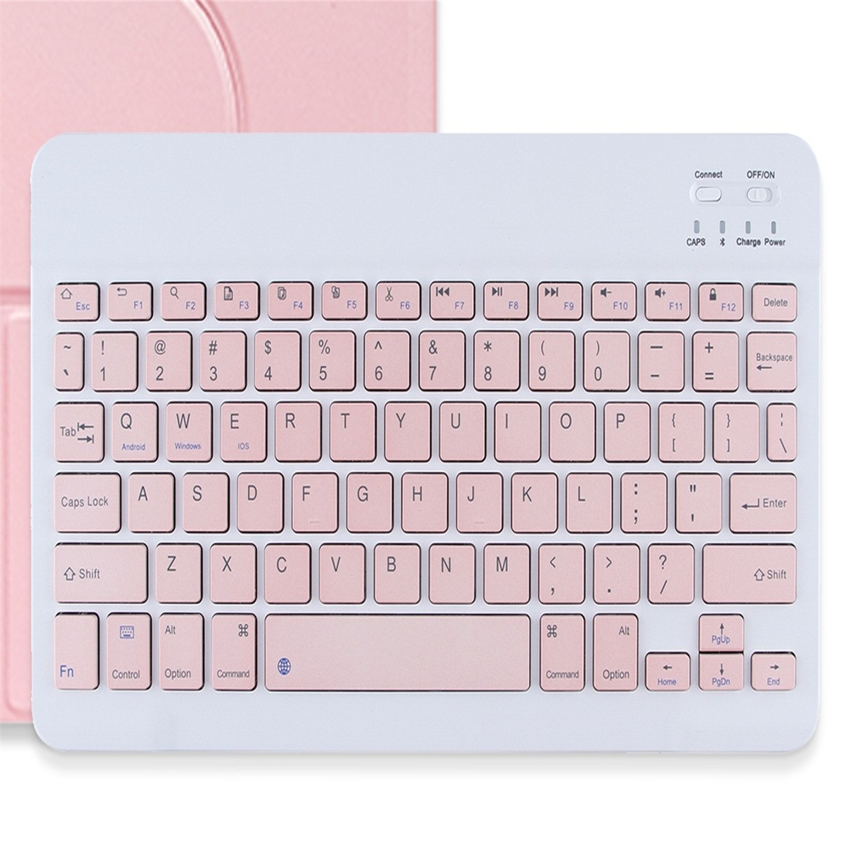 Eine rosa kabellose Tastatur. Sie hat rosa Tasten und einen weißen Rahmen. Weißer Hintergrund.