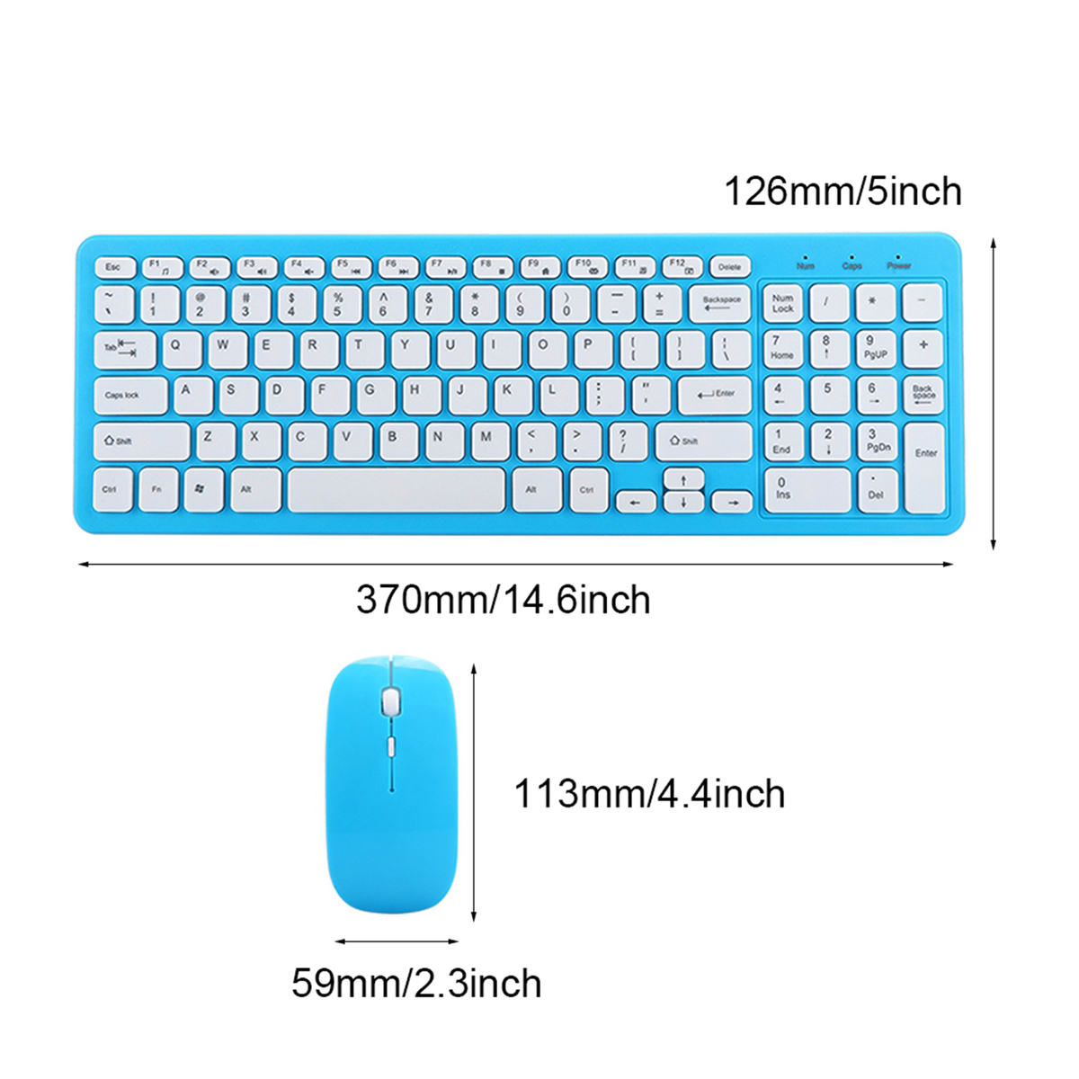 Blaues Tastatur- und Maus-Set. Die Tastatur ist rechteckig mit vielen Tasten. Die Maus ist oval.