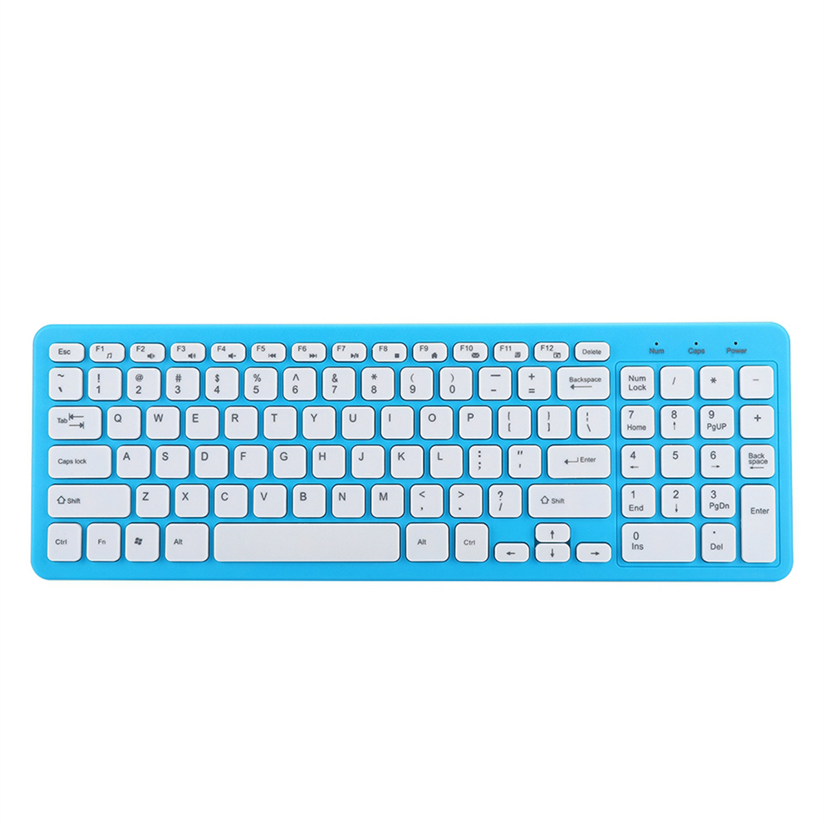 Eine blaue Tastatur mit weißen Tasten. Sie hat eine rechteckige Form und ist isoliert.