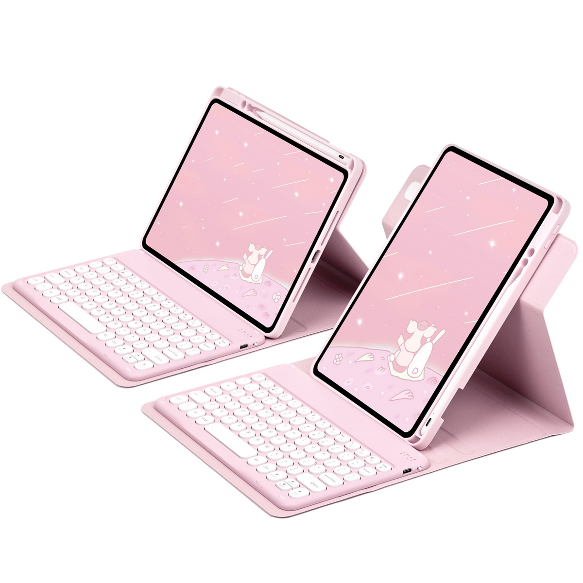 Zwei rosa Tablets mit Tastaturen. Die Bildschirme zeigen einen rosafarbenen Hintergrund mit einem Cartoon-Bild.