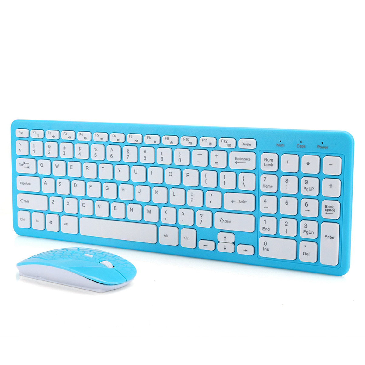 Eine blaue kabellose Tastatur mit weißen Tasten und einer separaten blauen Maus. Weißer Hintergrund.