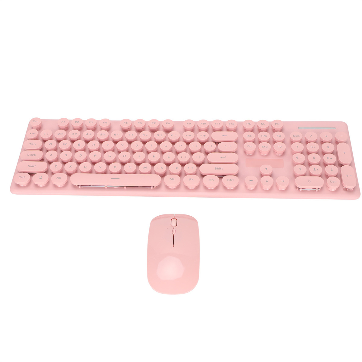 Rosa Tastatur und Maus. Die Tastatur hat runde Tasten. Die Maus ist oval. Beide sind hellrosa.