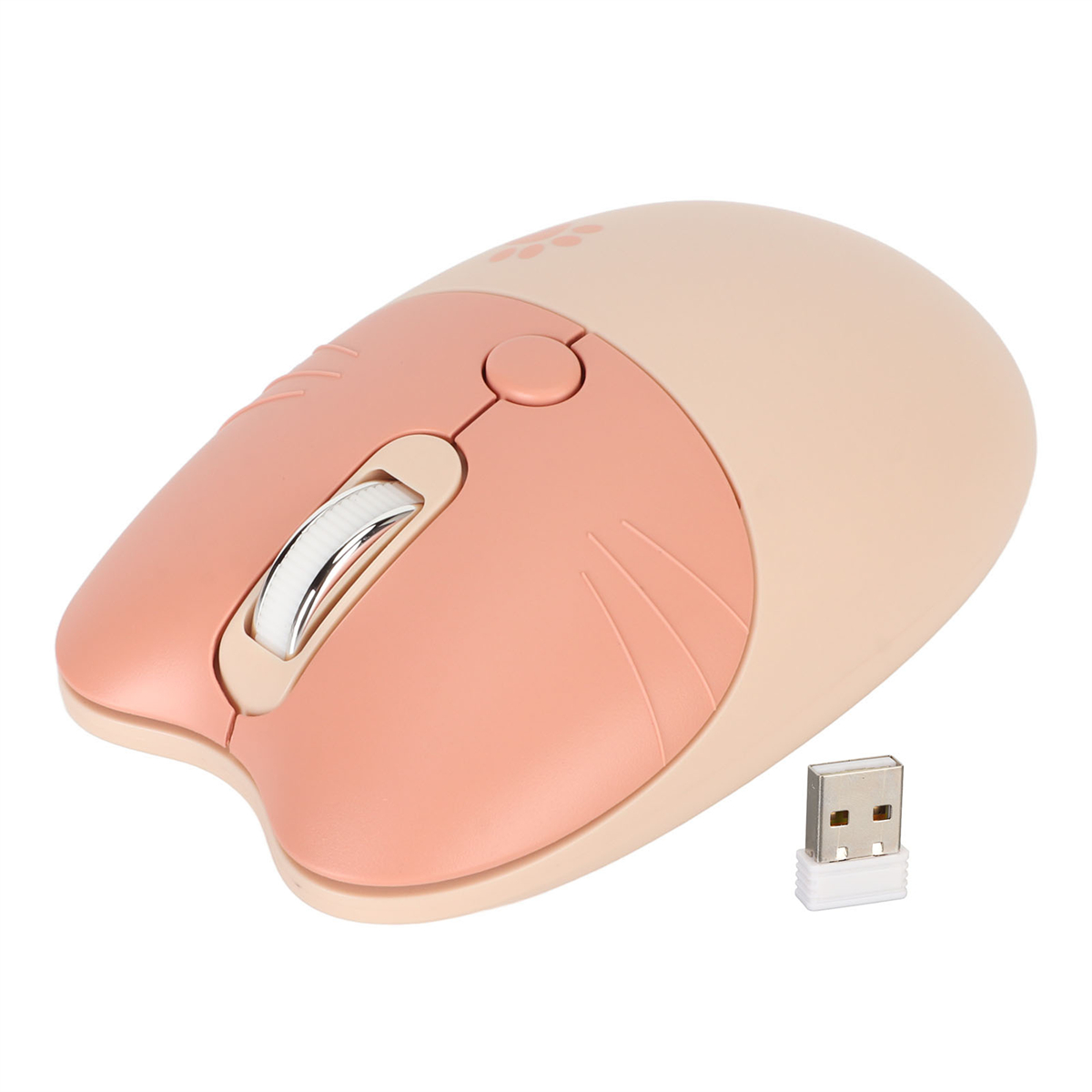 Drahtlose Maus in Rosa und Creme mit USB-Empfänger.