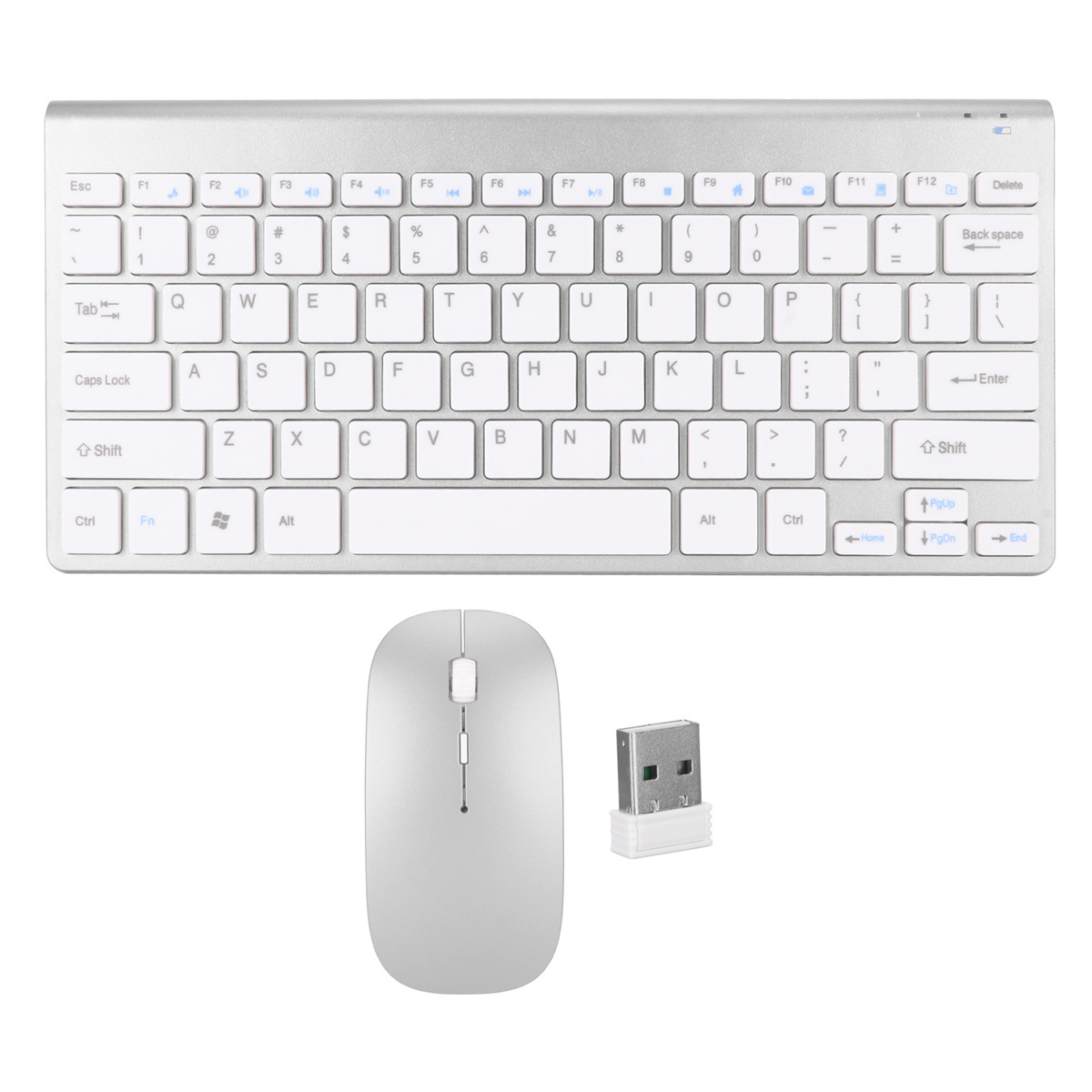 Eine silberne kabellose Tastatur, eine Maus und ein USB-Empfänger.