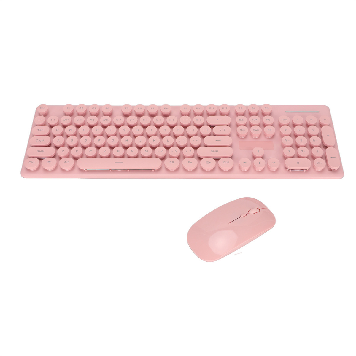 Rosa Tastatur und Maus-Set. Die Tastatur hat runde Tasten. Beide liegen auf einer weißen Oberfläche.