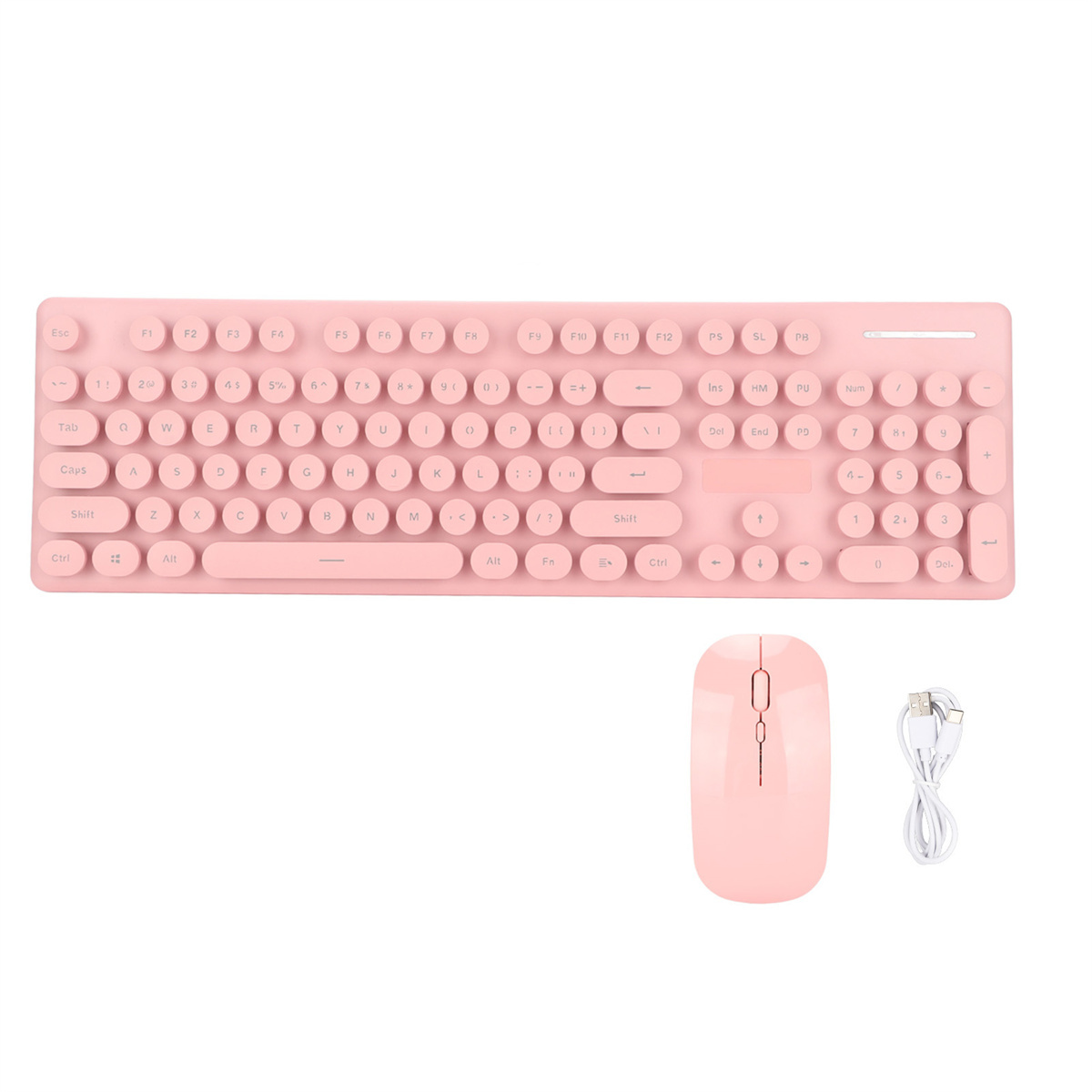Rosa Tastatur- und Maus-Set mit weißem Kabel, isoliert auf Weiß.