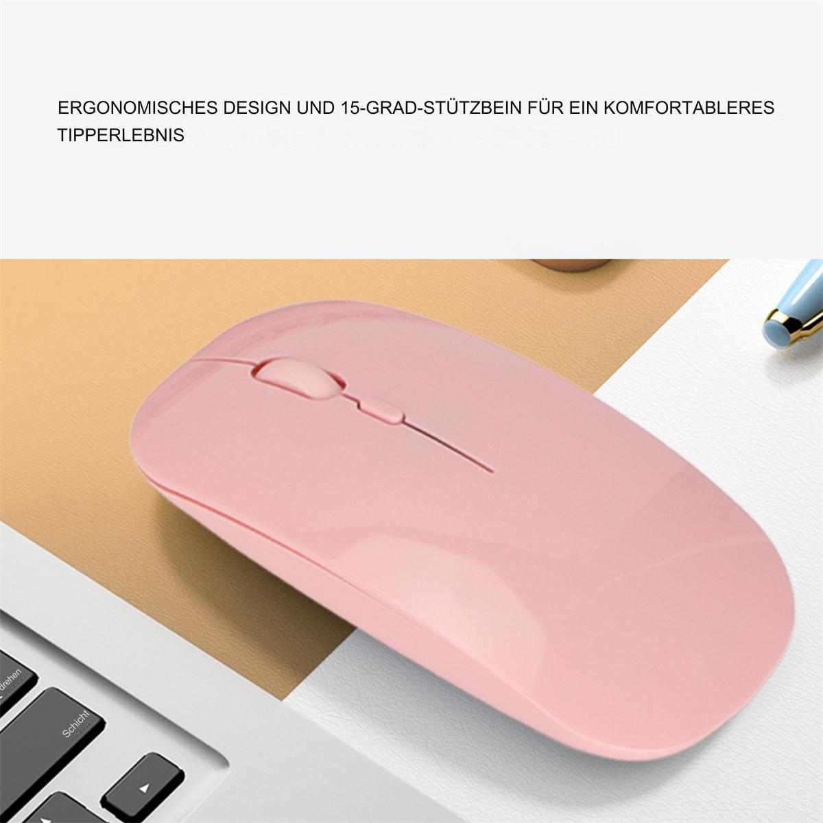 Drahtlose rosa Maus auf einem Schreibtisch, Teil eines Laptops ist sichtbar.