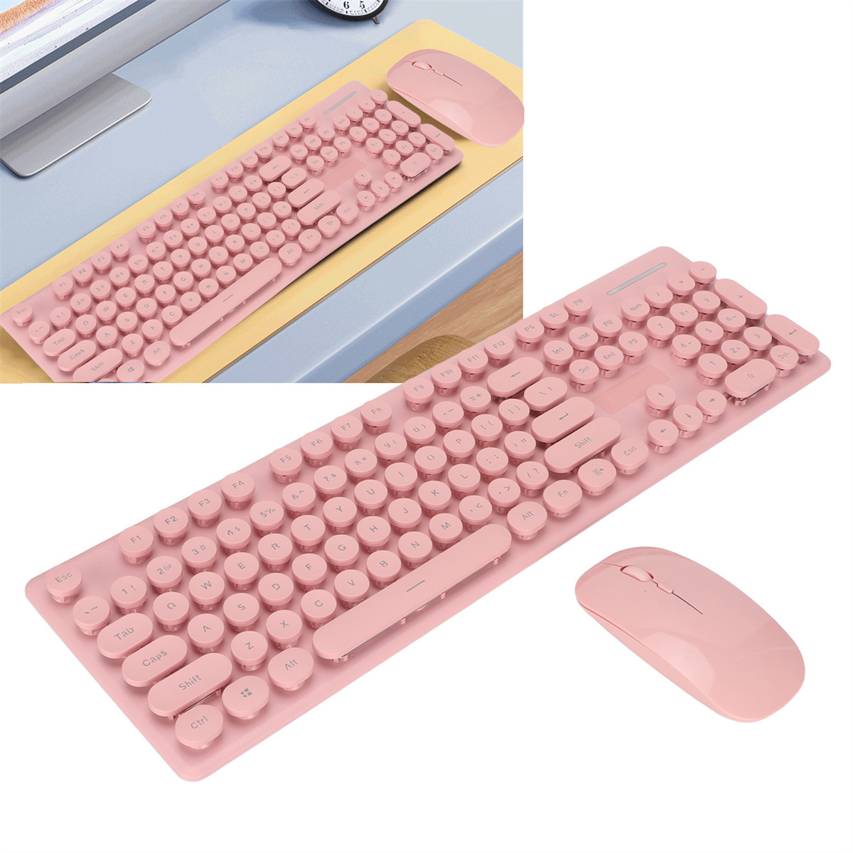 Eine pinke Tastatur und Maus werden auf einem Schreibtisch angezeigt. Die Tastatur hat runde Tasten.