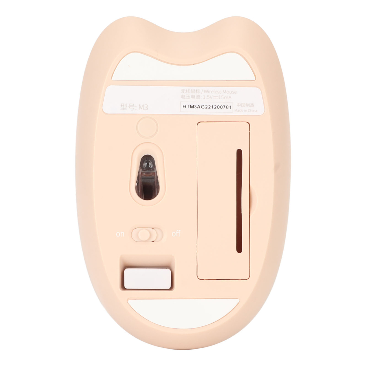 Unteransicht einer rosa Computermaus. Tasten, Ein-/Ausschalter und ein Schlitz für die Batterie.