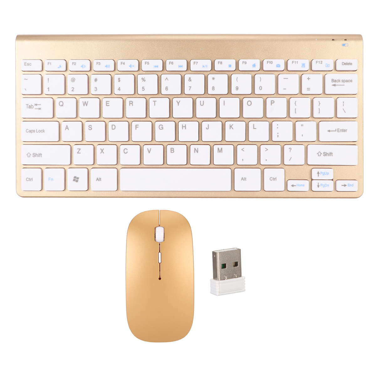 Goldene Tastatur, Maus und USB-Empfänger. Die Tastatur hat weiße Tasten.