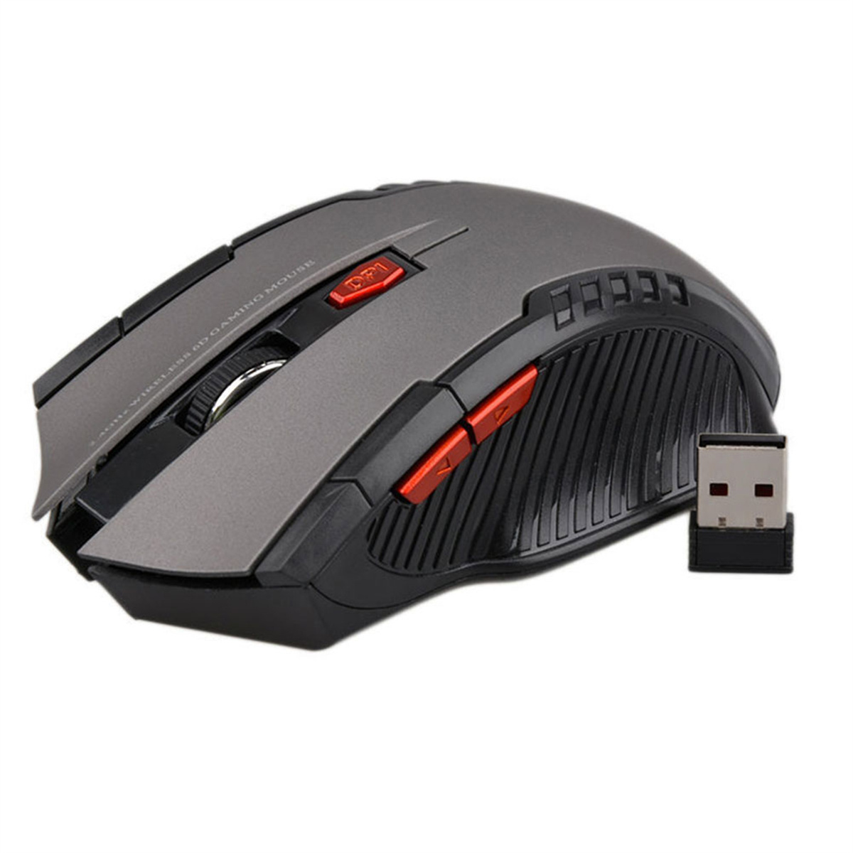 Graue und schwarze kabellose Gaming-Maus mit roten Knöpfen und USB-Empfänger.