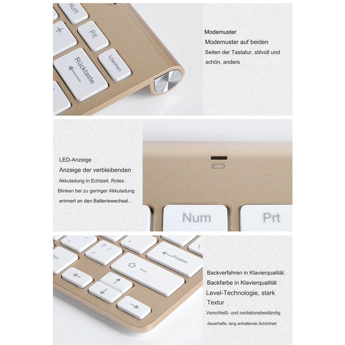 Nahaufnahme einer goldenen Tastatur mit weißen Tasten und einer metallischen Rolle.