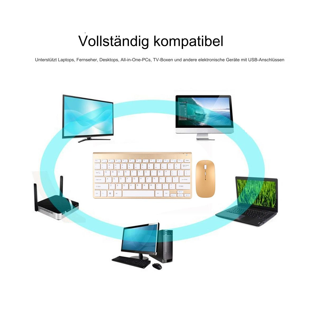 Verschiedene Elektronikartikel, die um eine Tastatur und Maus angeordnet sind. Enthält Computer und Router.