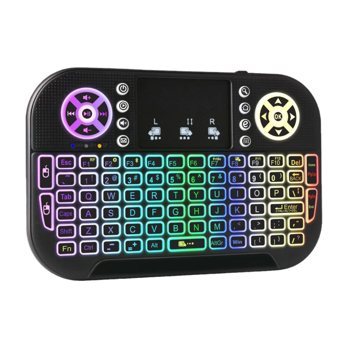 Schwarze Mini-Tastatur mit farbigen beleuchteten Tasten und Touchpad.
