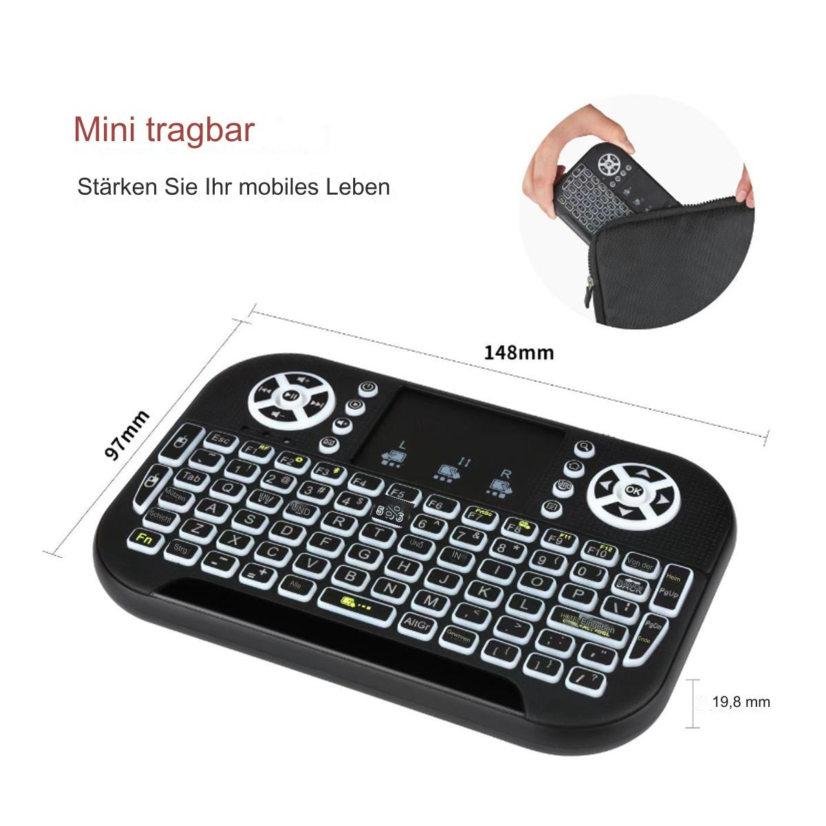 Schwarze Mini-Tastatur mit weißen Tasten und schwarzer Tragetasche.