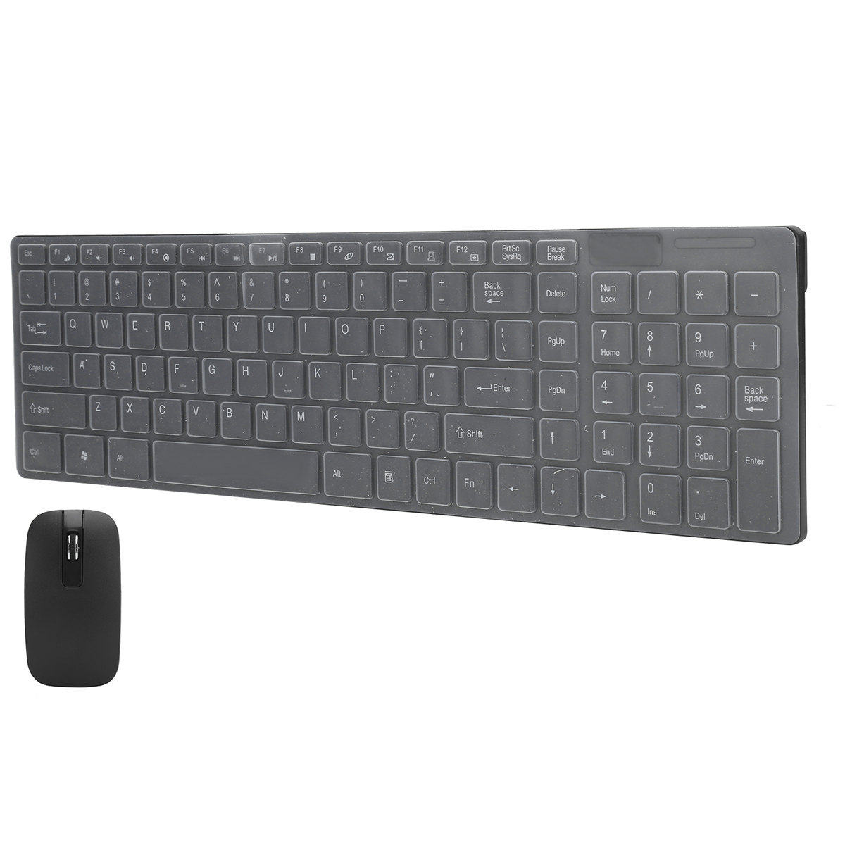 Eine graue kabellose Tastatur und Maus. Die Tastatur hat ein volles Layout mit weißen Tasten. Die Maus ist schwarz.