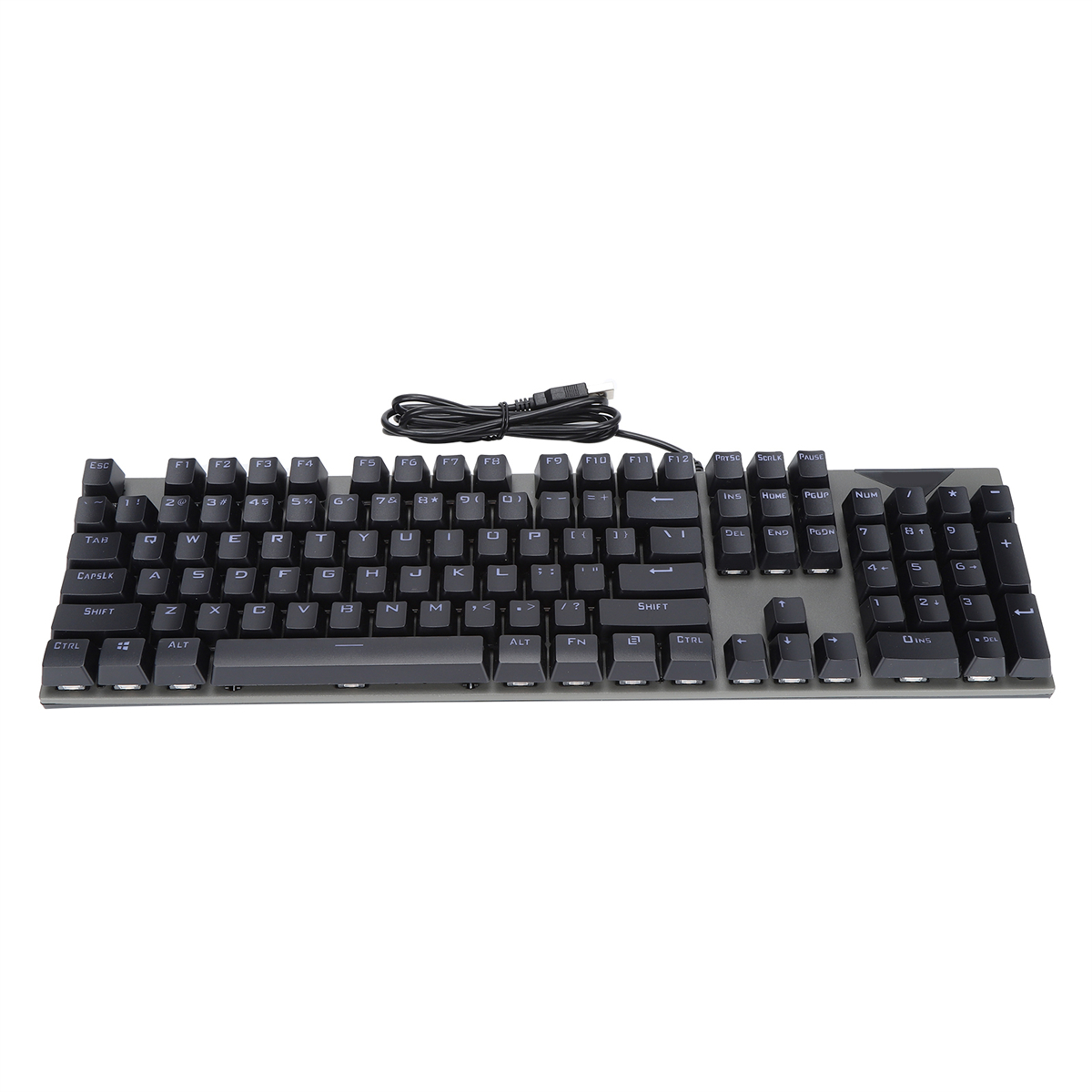 Schwarze Tastatur mit USB-Kabel. Die Tasten sind schwarz und grau.