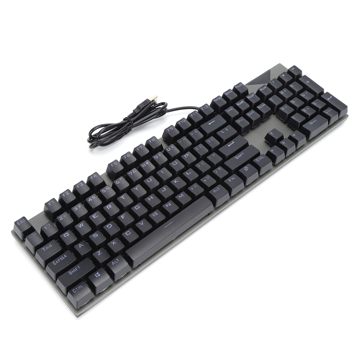Schwarze Tastatur mit weißen Tasten und USB-Kabel auf weißem Hintergrund.