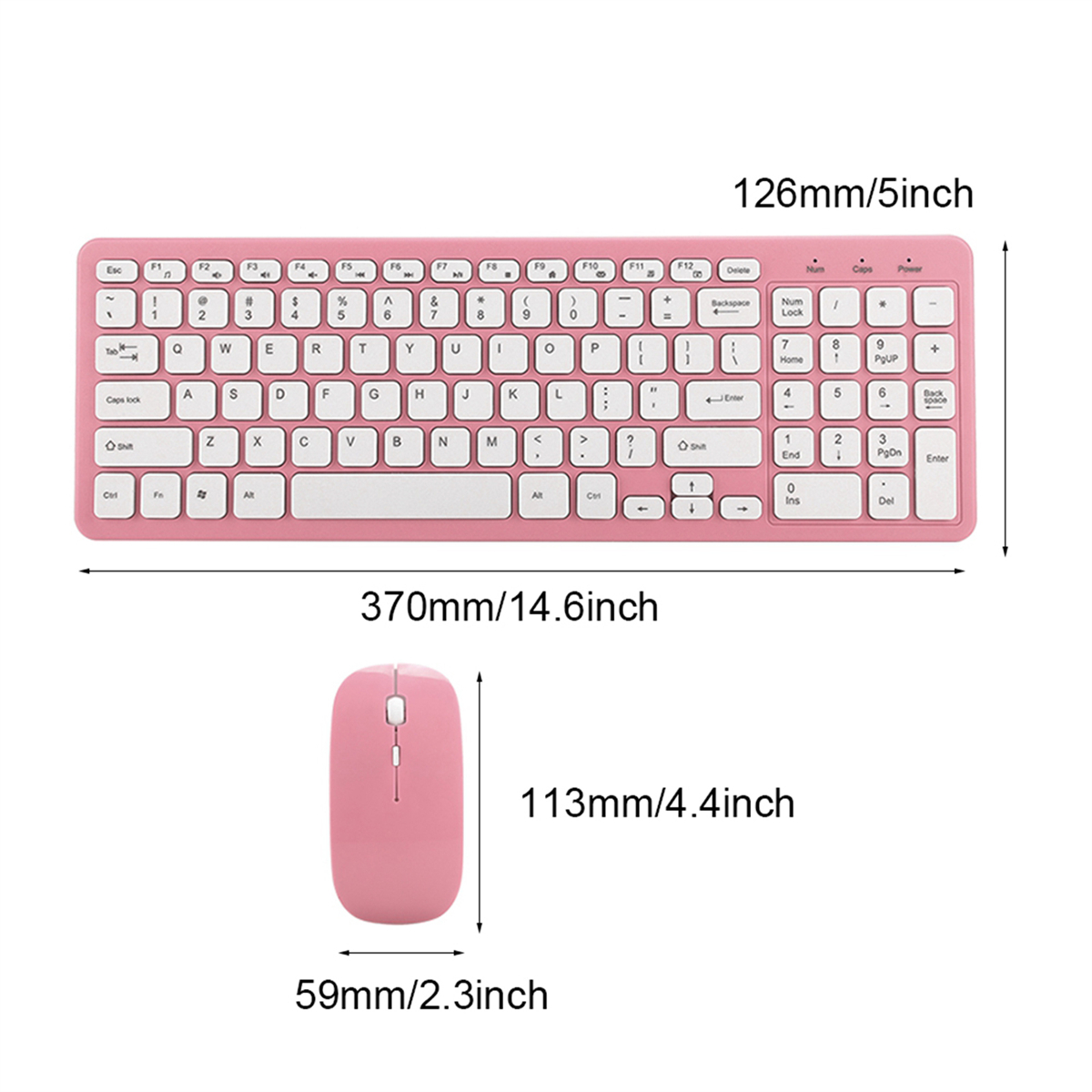 Rosa Tastatur- und Maus-Set. Abmessungen der Tastatur werden angezeigt. Weiße Tasten auf rosa Grund.