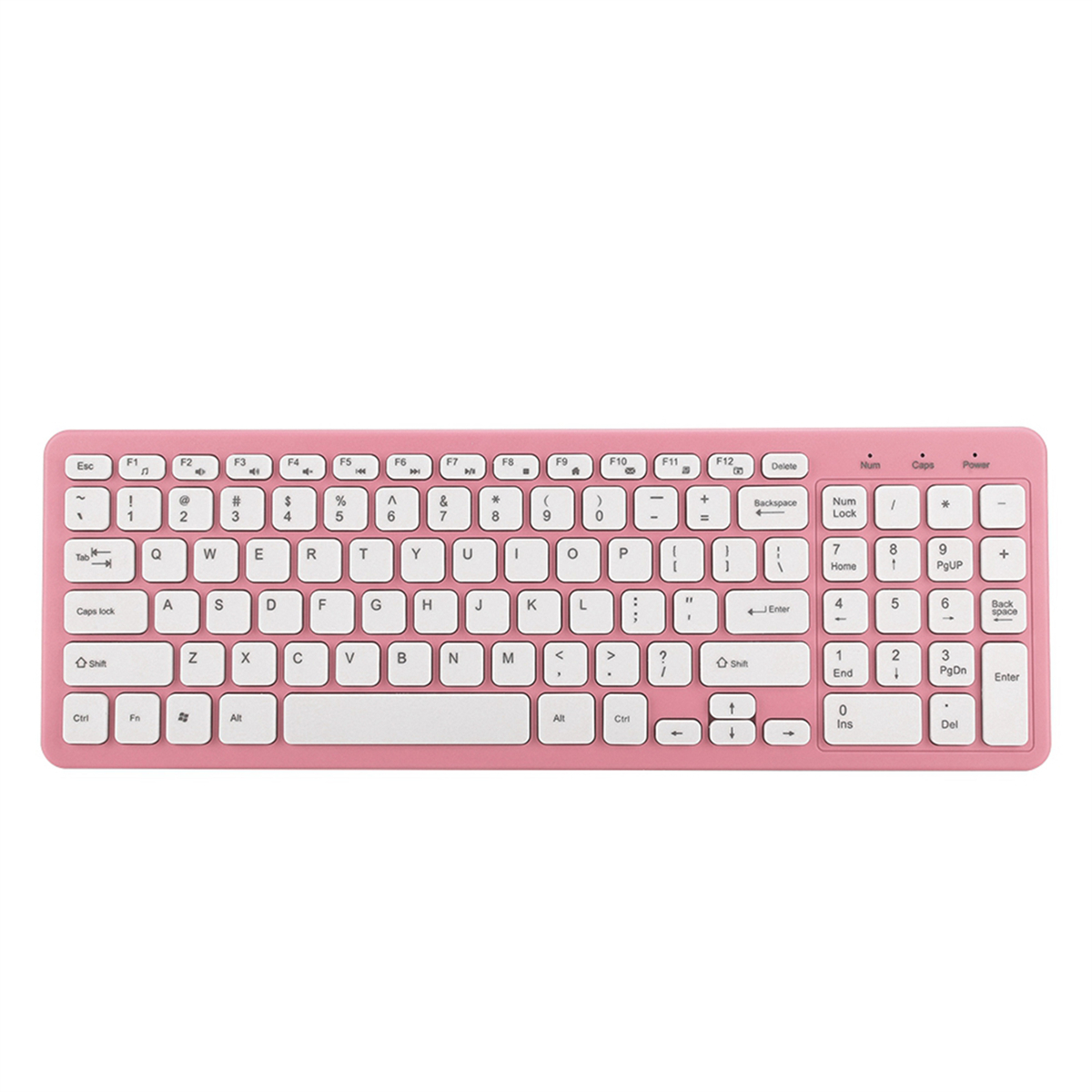 Rosa Tastatur mit weißen Tasten, Standard-Layout und minimalistischem Design.