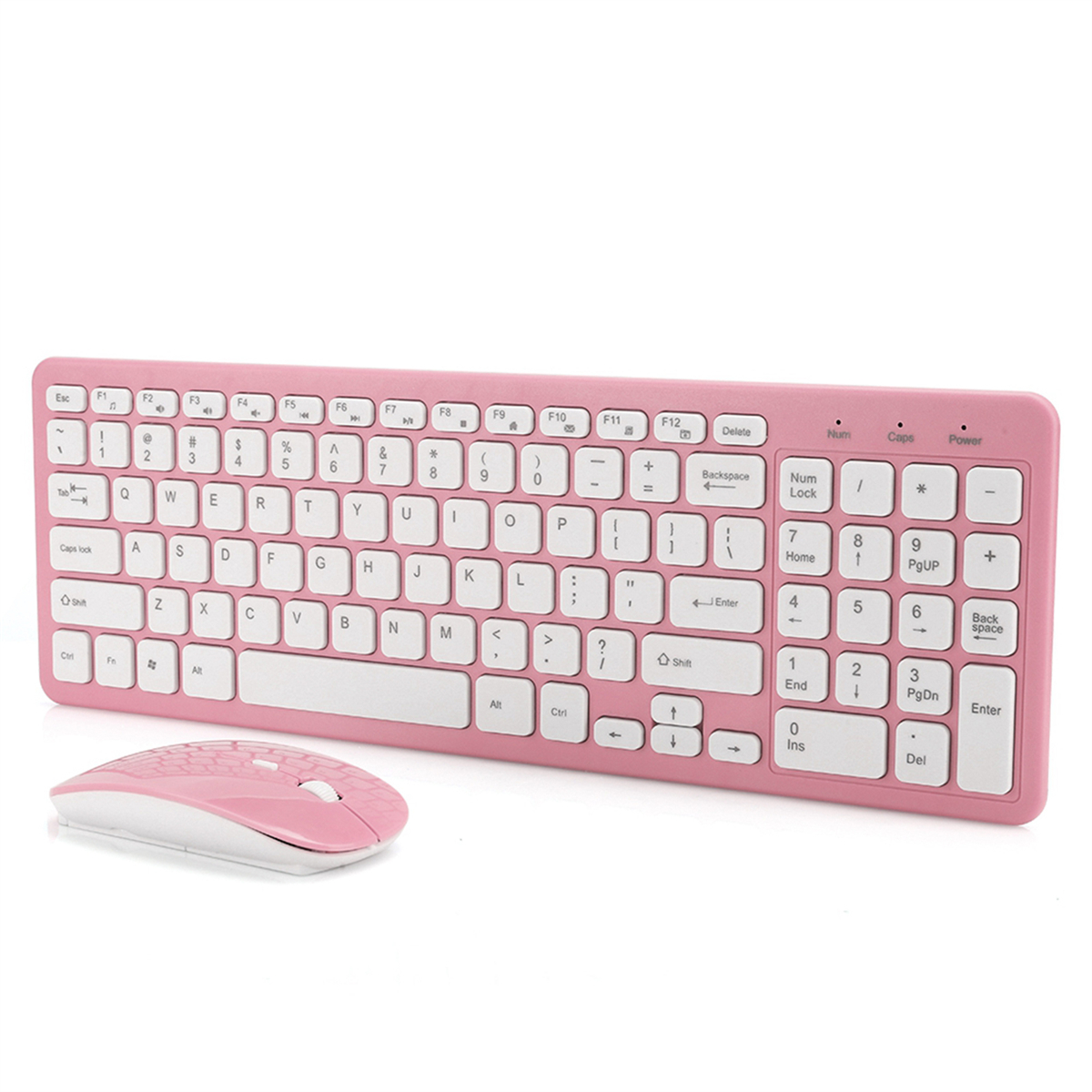 Rosa drahtloses Tastatur- und Maus-Set. Weißer Hintergrund.