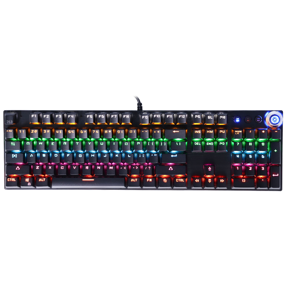 Schwarze Tastatur mit RGB-Hintergrundbeleuchtung. Die Tasten leuchten.