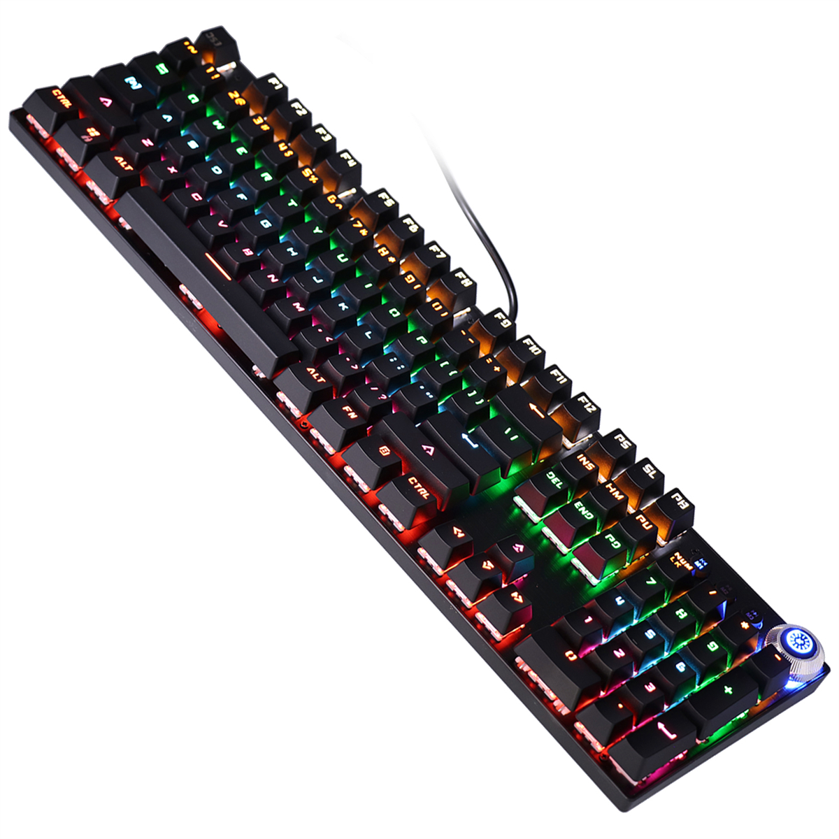 Schwarze Gaming-Tastatur mit bunten Tasten und Licht. Sie hat viele Tasten.