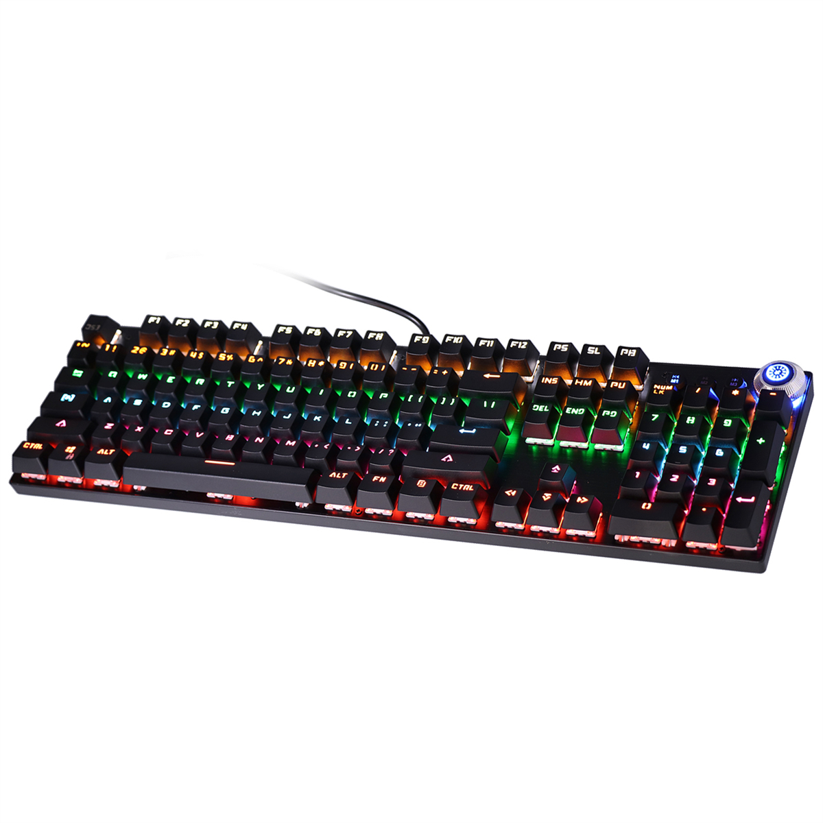 Eine schwarze mechanische Tastatur mit farbigen, beleuchteten Tasten. Die Tastatur hat einen Nummernblock.