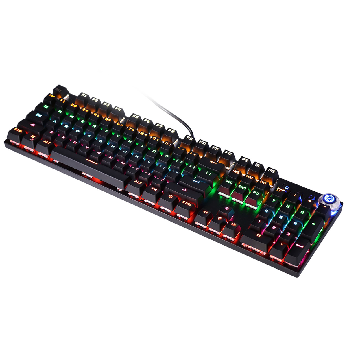 Schwarze Tastatur mit regenbogenfarbenen, hintergrundbeleuchteten Tasten. Die Tasten sind sichtbar, Kabel angeschlossen.