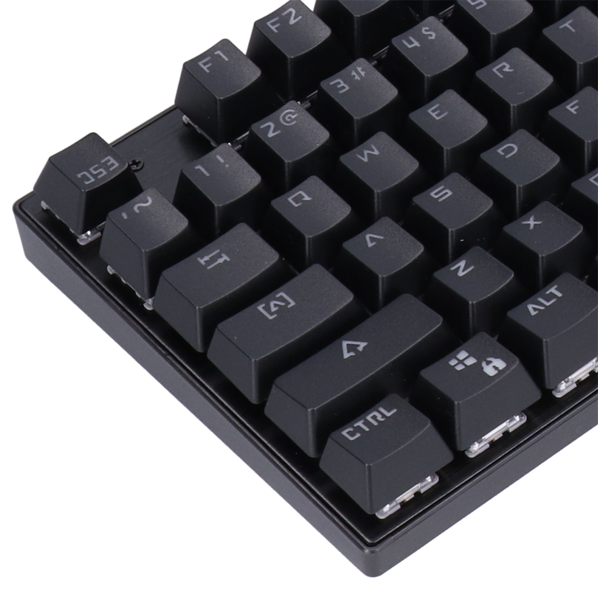 Nahaufnahme einer schwarzen Tastatur. Sichtbare Tasten umfassen Zahlen, Buchstaben und Symbole.