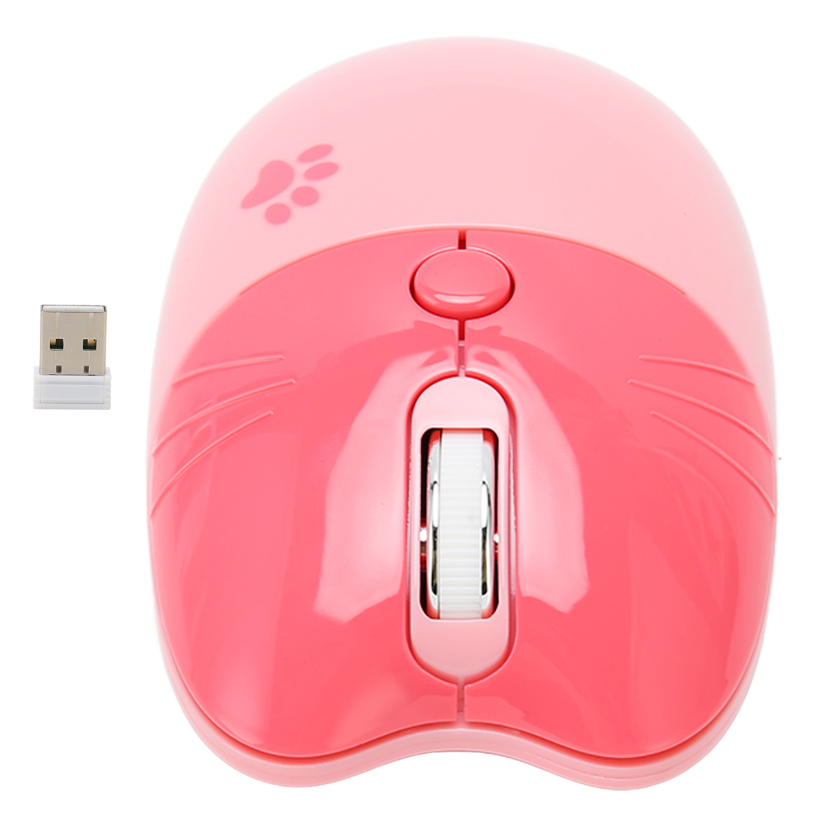 Eine rosa Computermaus mit Pfotenabdruck und einem drahtlosen USB-Empfänger.